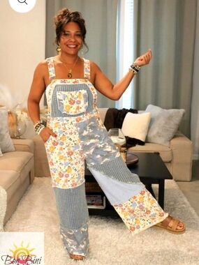 POL Women's Patchwork Floral Blue Wide-Leg Overalls